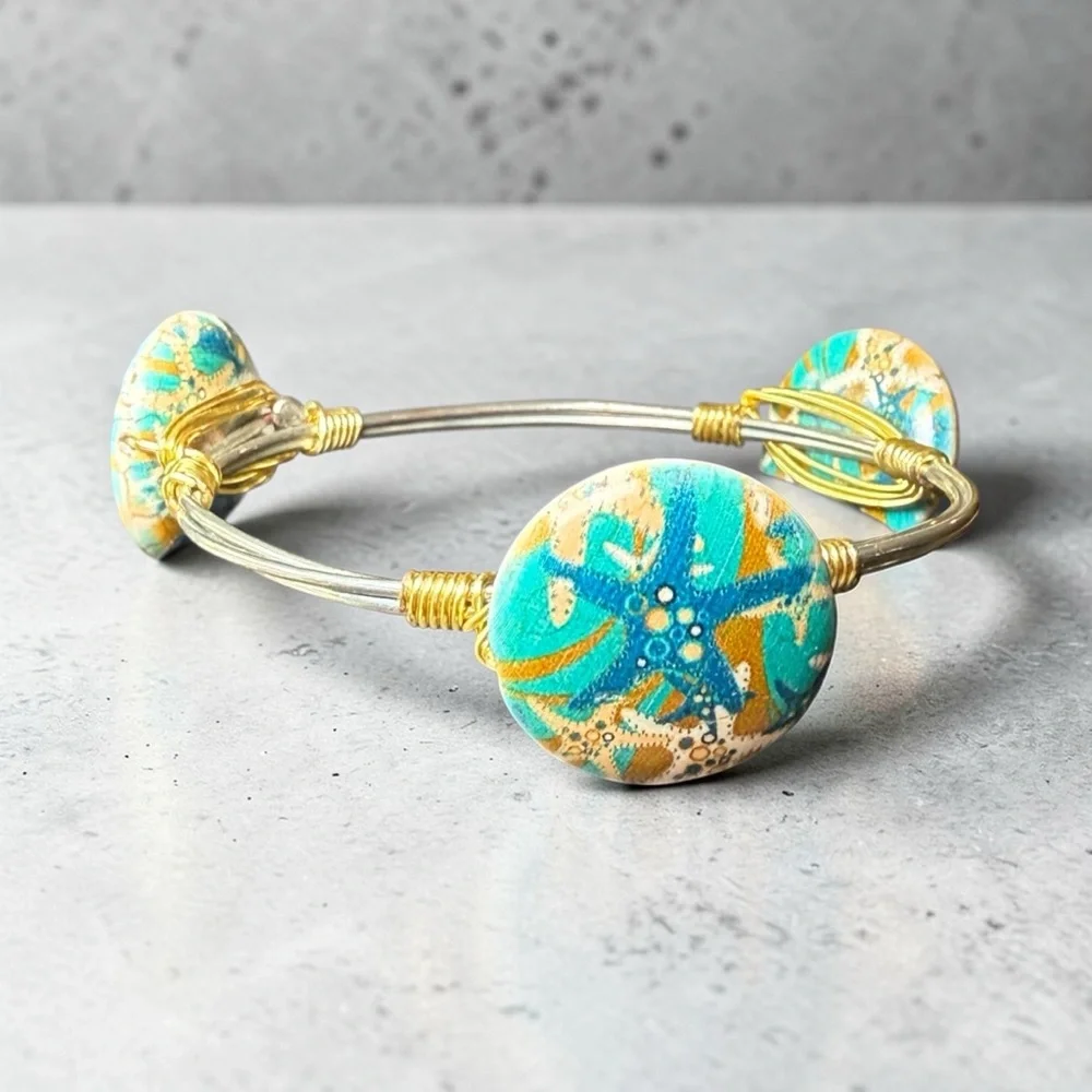 Turquoise‎ Starfish Mixed Metal Wire Wrapped Bangle Bracelet Beach Boho Coastal